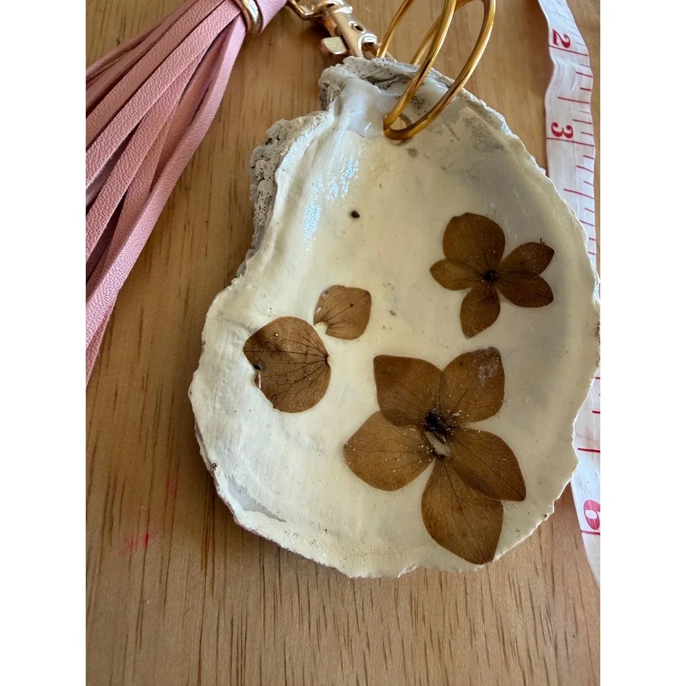 Handmade Oyster Shell Keychain Pink Tassel Dried Pressed Flowers Gold Hardware